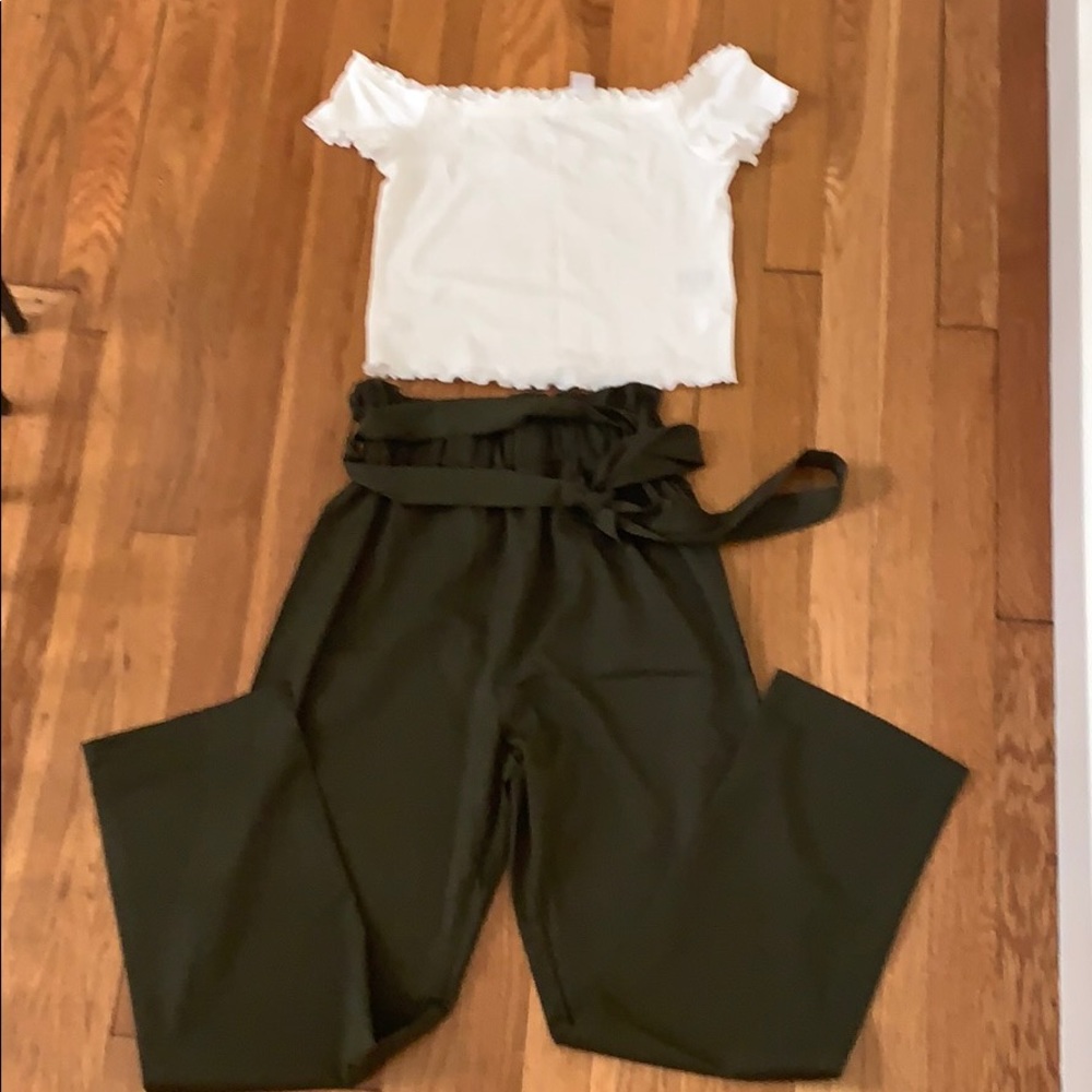 cropped white off the shoulder T and dress pants!